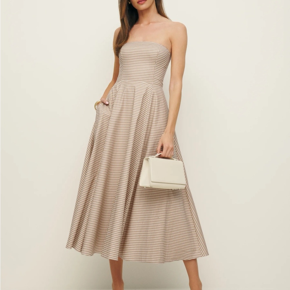 Reformation Strapless Dress in Beige Checkered Pattern